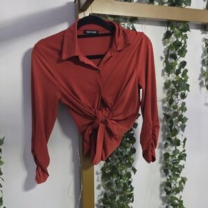 Cable & Gauge Rust Button-Down Shirt with Knot Front